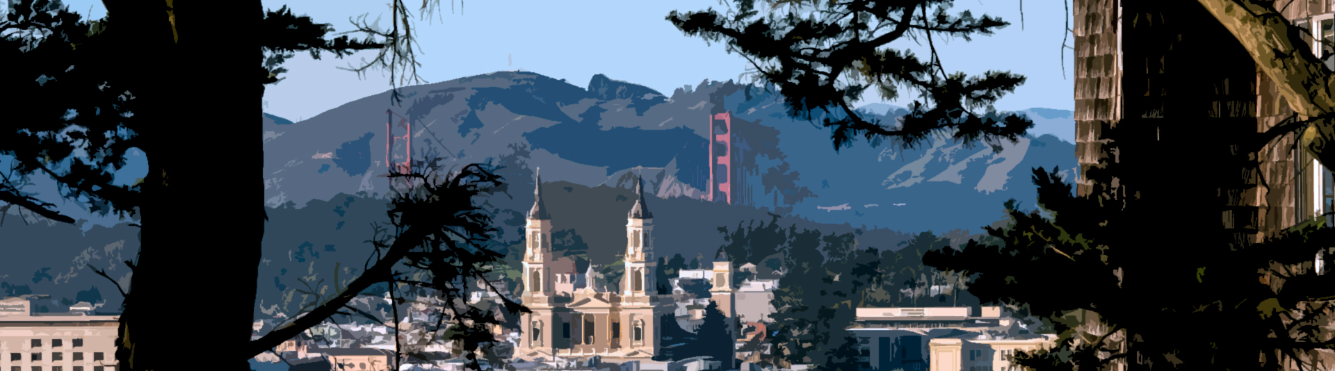 A view of San Francisco, featuring Mission Dolores Basilica and the Golden Gate Bridge