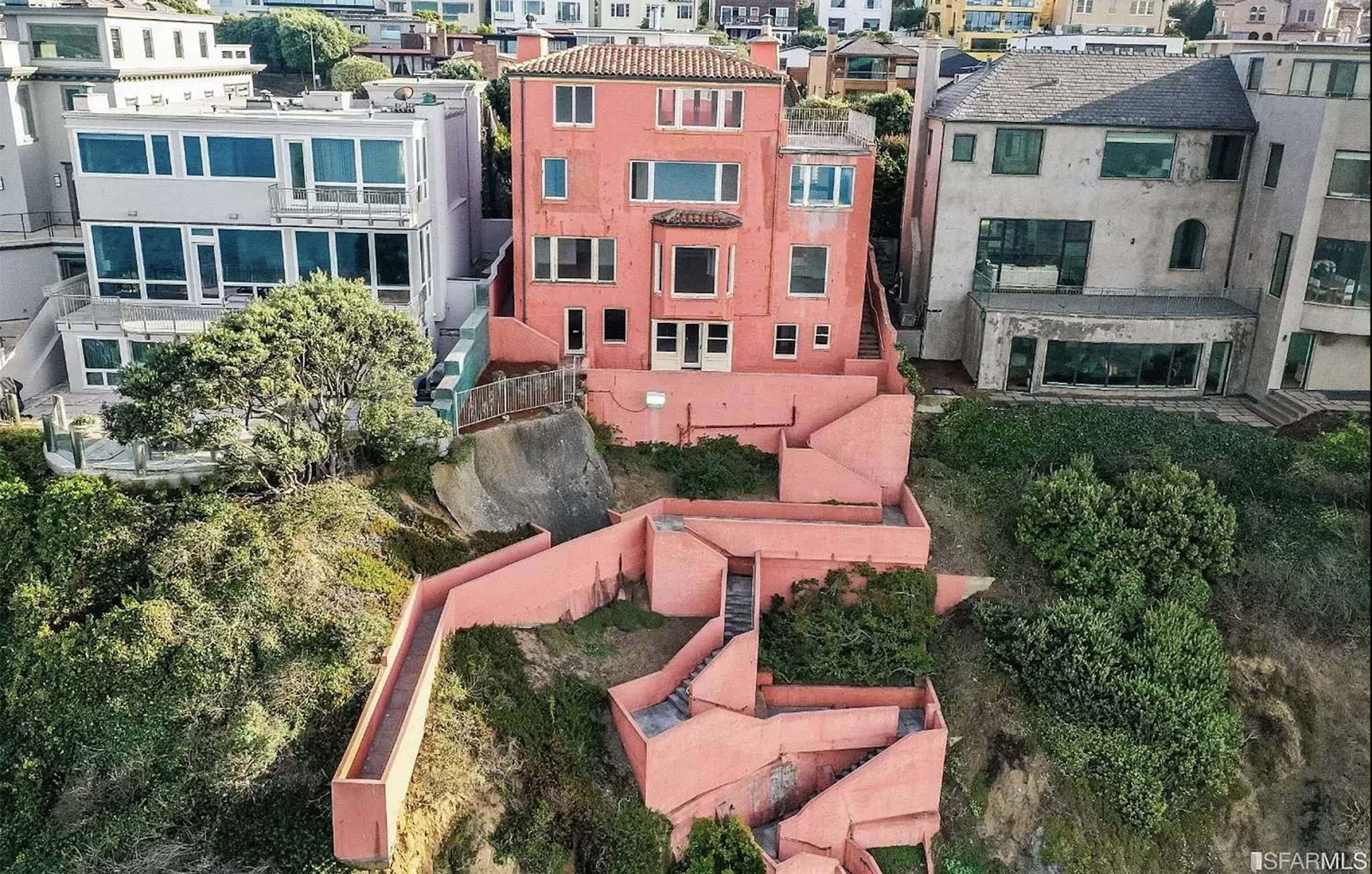 External view of a home with intricate stairways