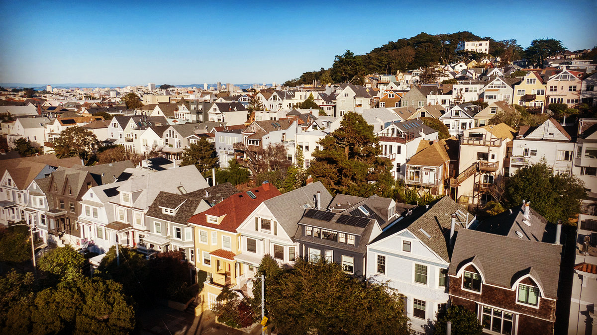 Aerial view of 856 Clayton and the beautiful Edwardian-style homes nearby