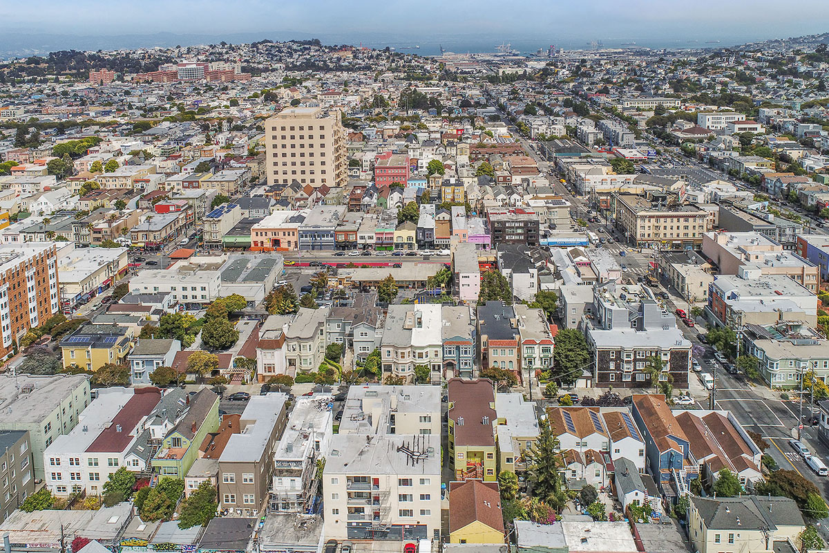 Aerial view showing San Francisco and the Bay in the background