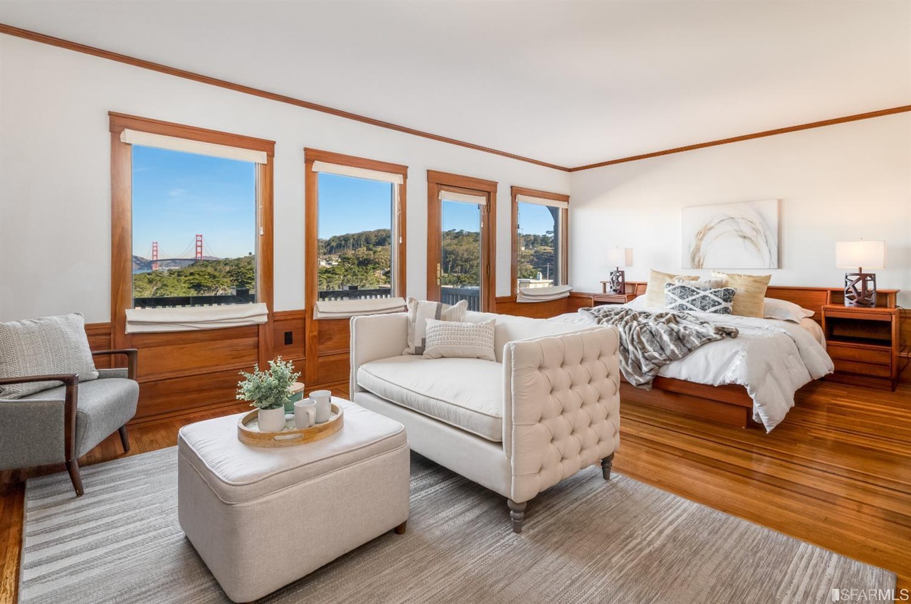 View of the primary bedroom with Golden Gate views