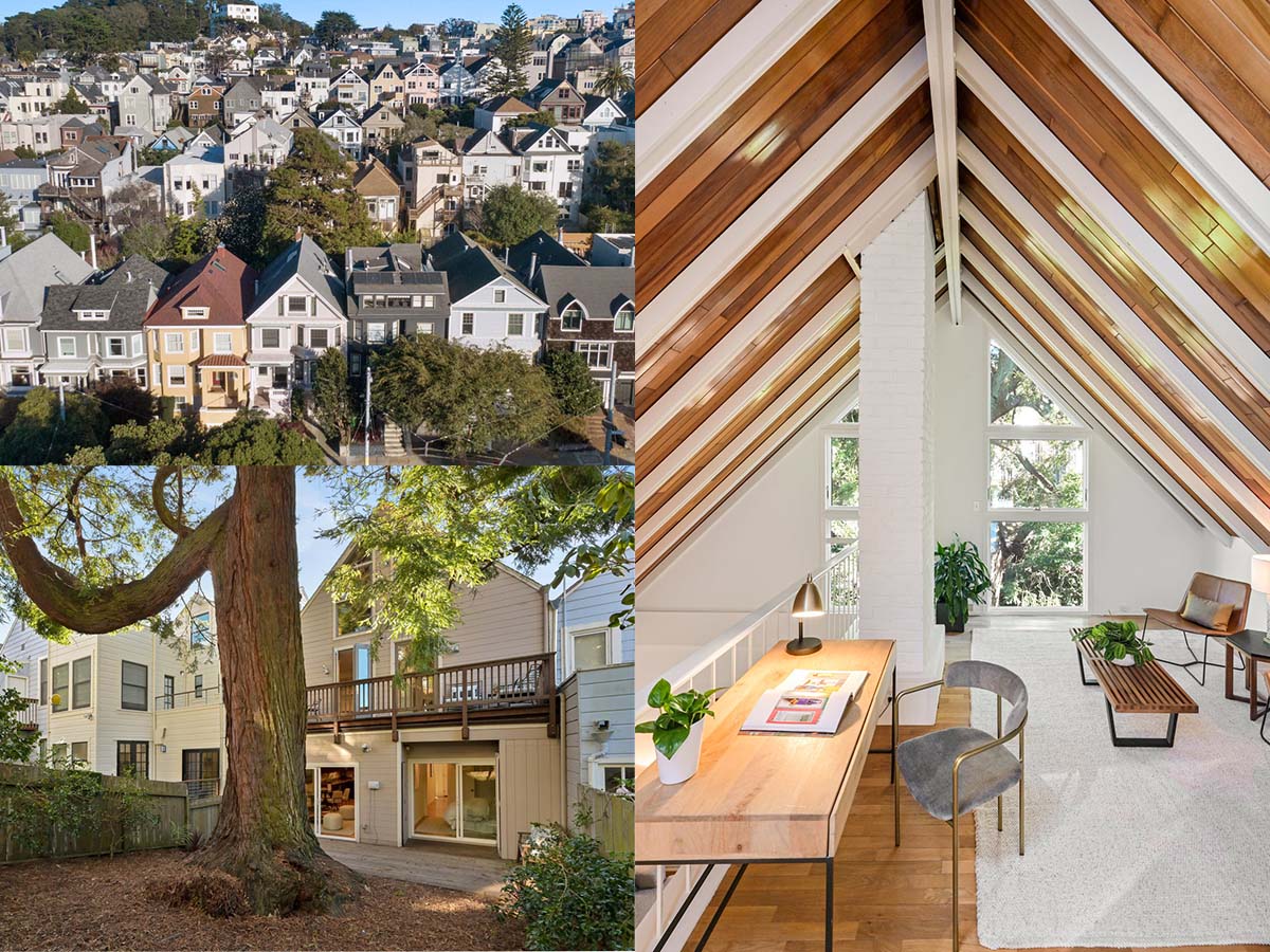 Collage images showing a vaulted exposed ceiling of 856 Clayton