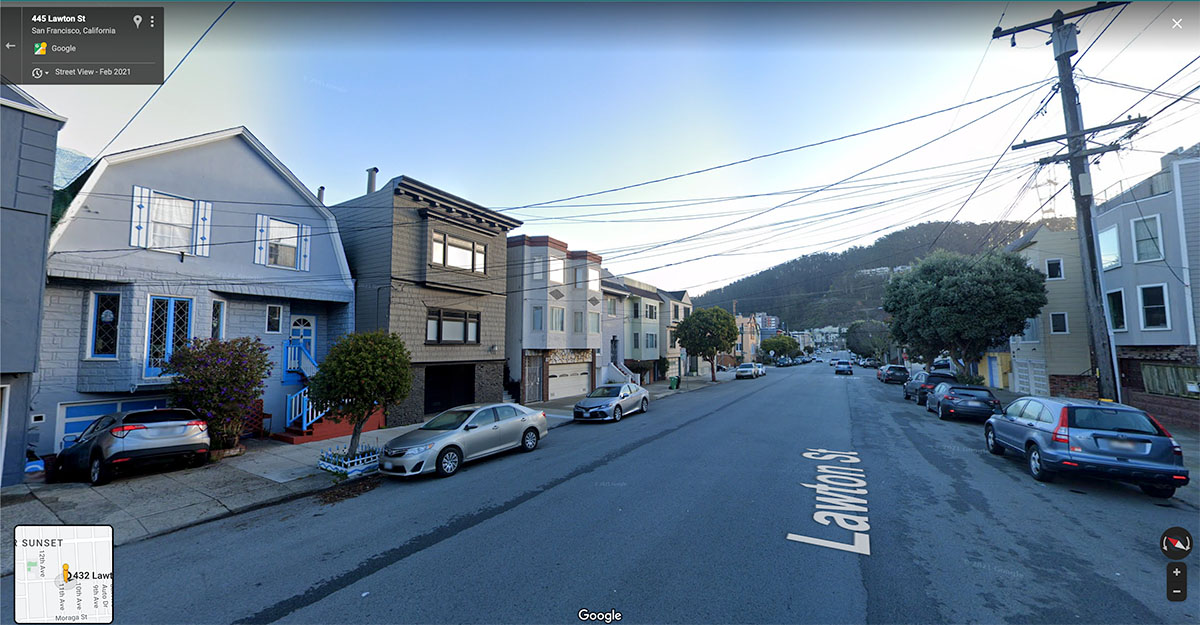 Google map view of Lawton street, showing a row of uniquely designed homes