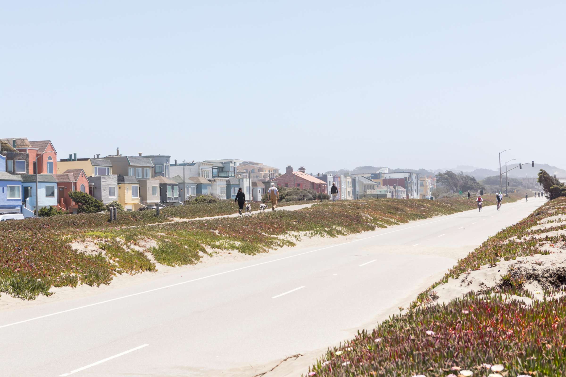 People walking and bicycling along a stretch of the Great Highway in San Francisco