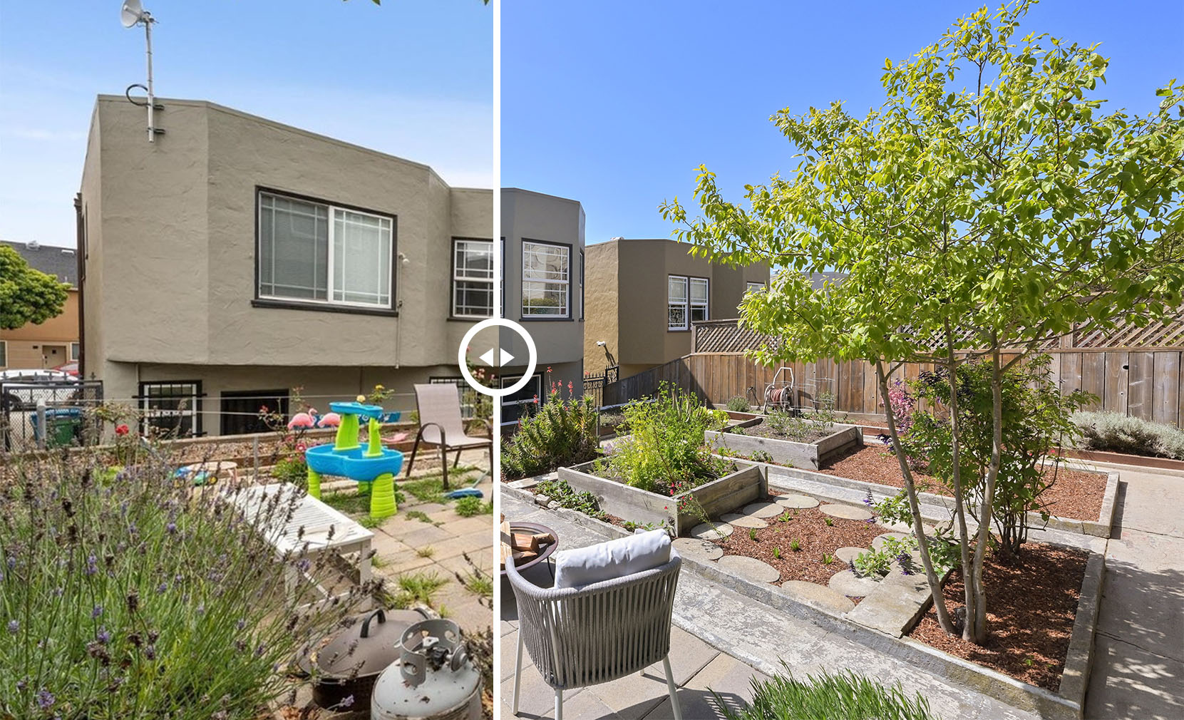 Before and after collage of the back yard