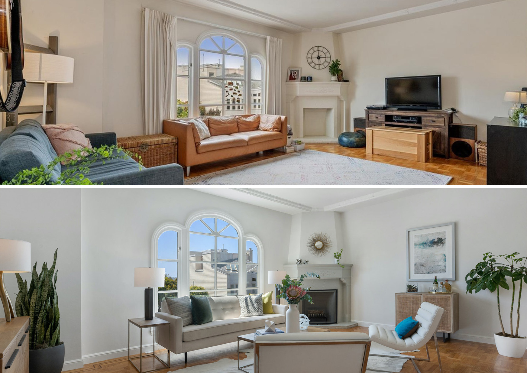 View of the living room at 50 Willard North, showing before and after new paint