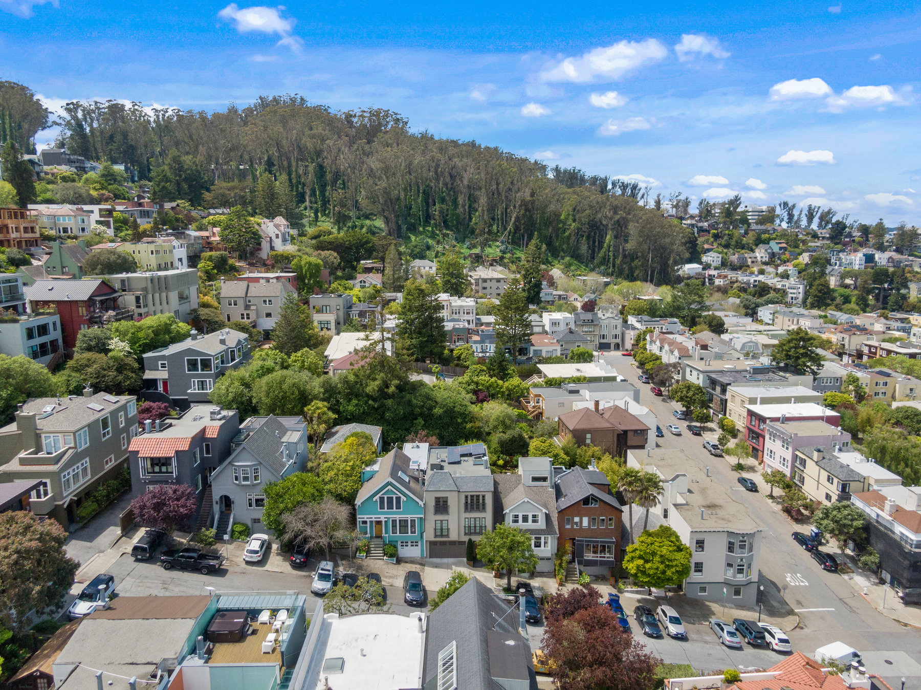 Property Photo: Aerial shot further away from 1523 Cole Street with Sutro Forest in the background. 
