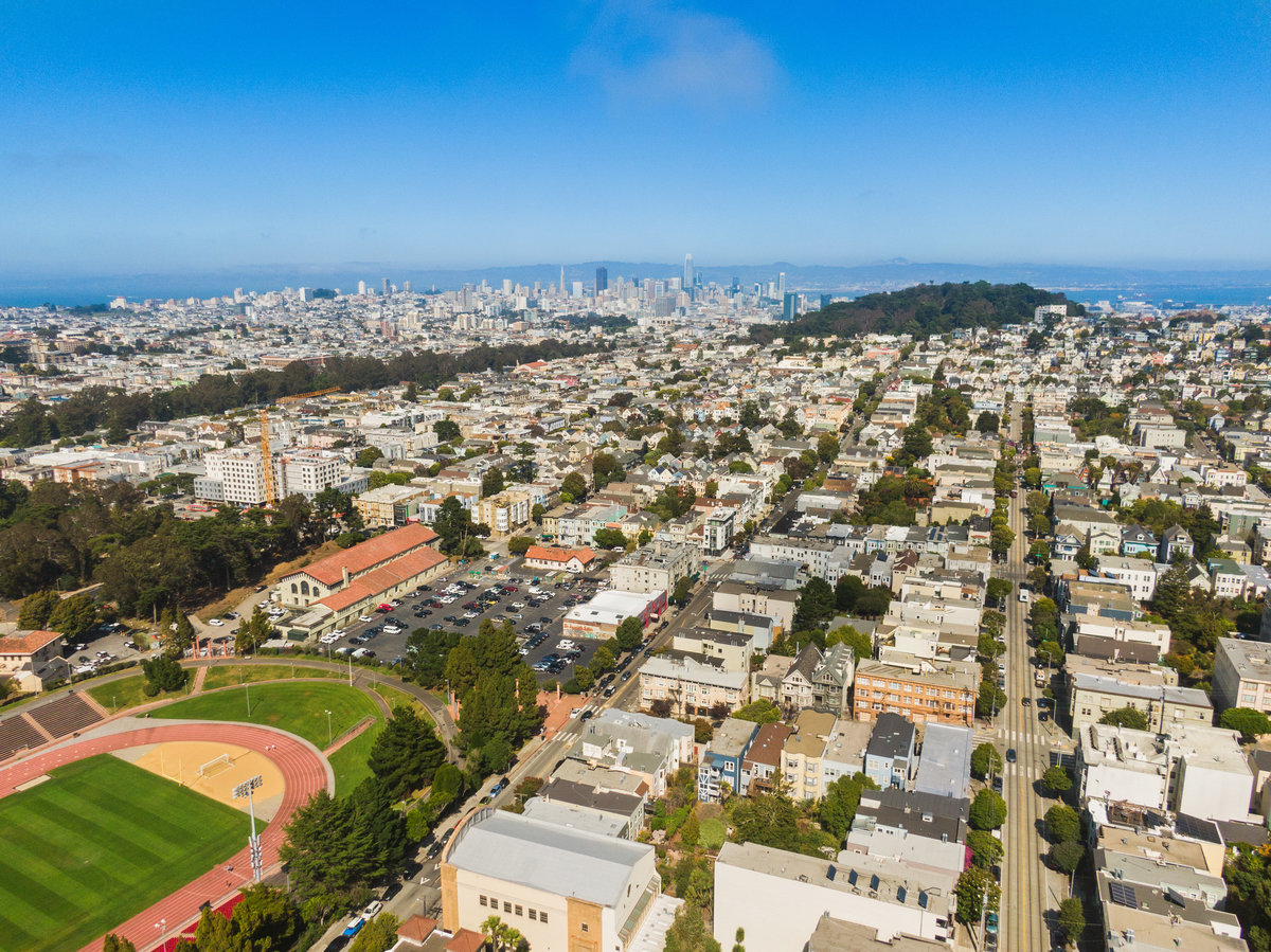 Property Photo: Aerial photo with Kezar to the left and you can see downtown SF in the distance. 