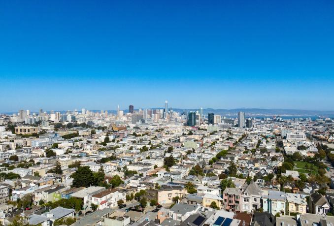 Property Thumbnail: Close up if the view of downtown San Francisco. Bright blue sky. 