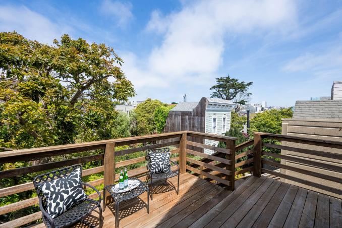Property Thumbnail: The deck off the kitchen has lots of greenery and you can see downtown SF in the distance. 