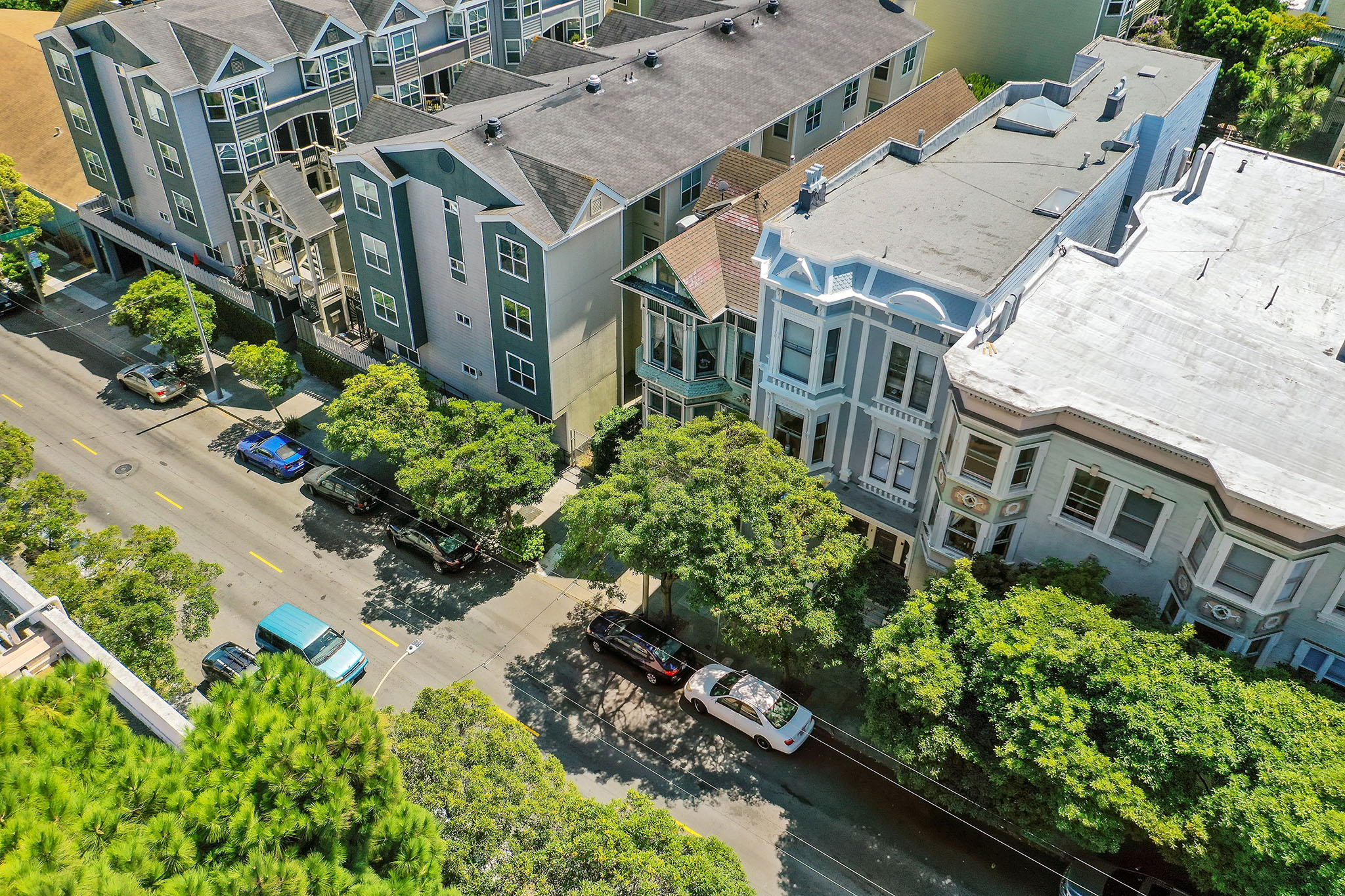 Property Photo: Aerial view of 1271 McAllister Street, showing the surround homes and tree lined street