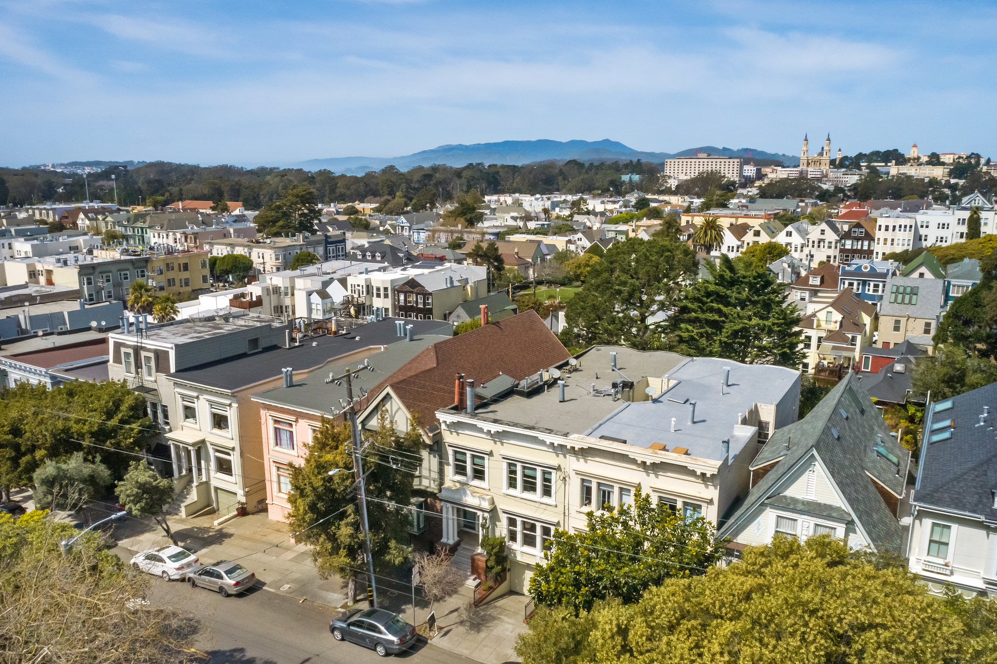 Property Photo: Aerial view of 36 Parnassus Avenue, showing the surrounding Cole Valley neighborhood