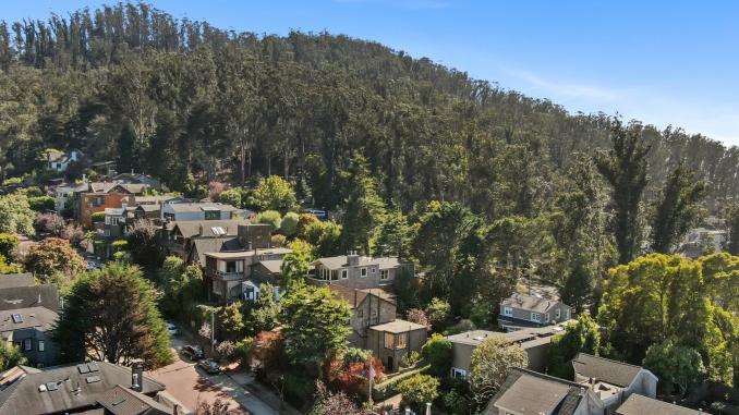 Property Thumbnail: Aerial view of 183 Edgewood Avenue, showing the homes high elevation near Mount Sutro