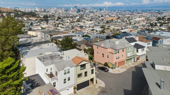 Property Thumbnail: Aerial view of 25 Grand View Ave, showing San Francisco and the bay