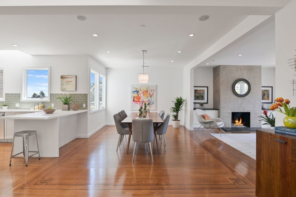 Open floor-plan view of 45-49 Belcher Street, showing the kitchen, dining, and living area
