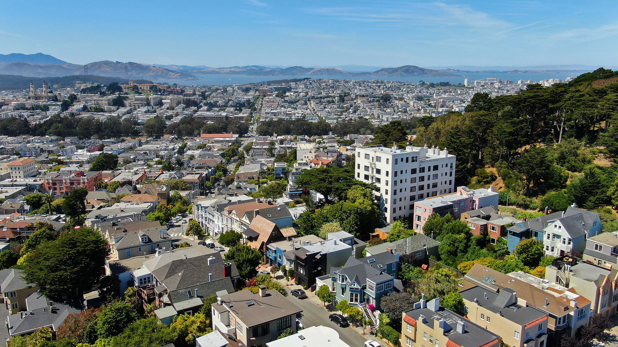 Aerial view of 1580 Masonic, and the Buena Vista neighborhood