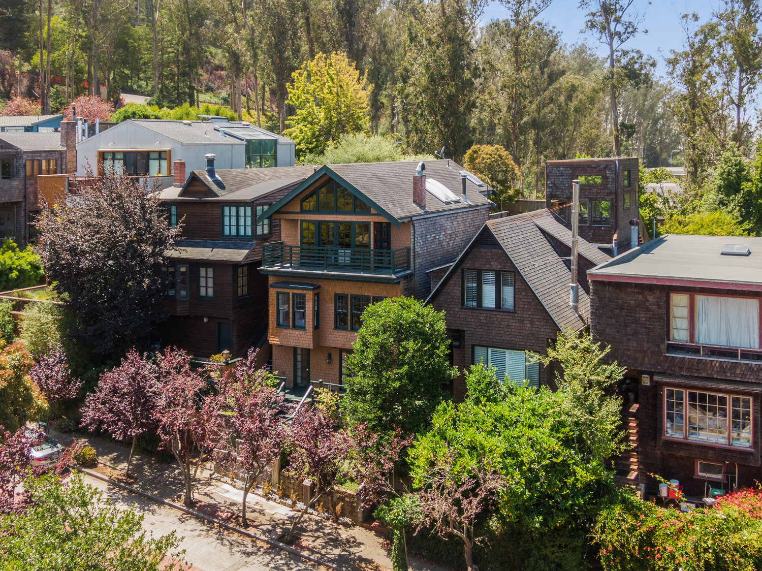 Front exterior view of 205 Edgewood Ave in Cole Valley San Francisco, showing a large home near Sutro Forrest and UCSF