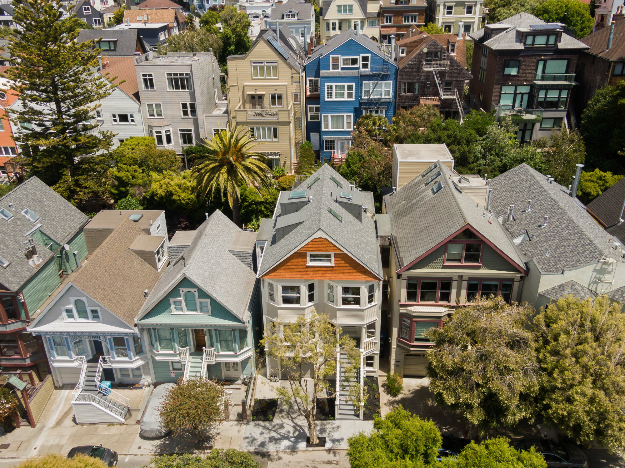 Aerial photo of 234 Downey. Sweet row of Victorian style homes.