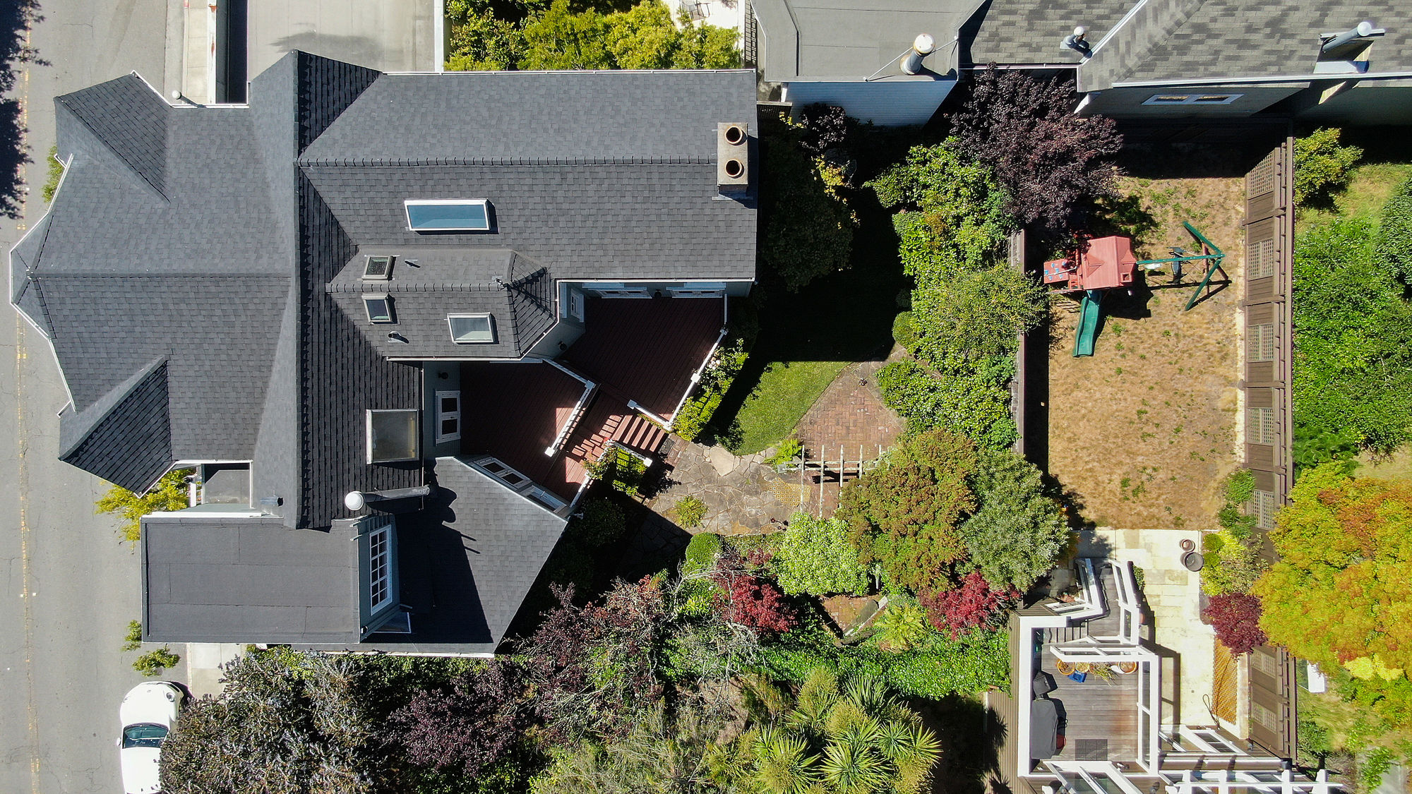 Aerial view of the yard, showing the expansive space and plant-life