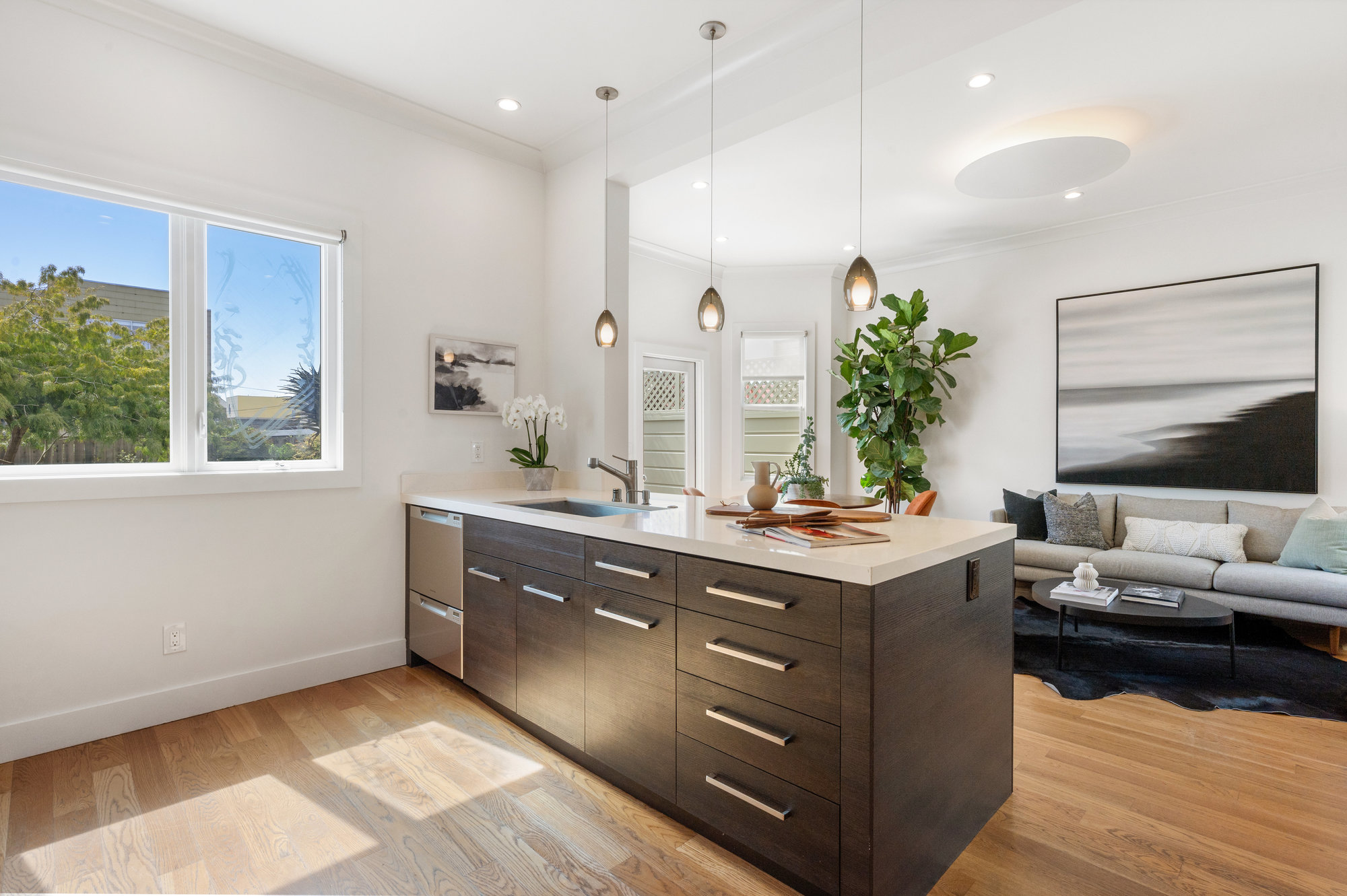 View of the kitchen island and living area, showing dark cabinetry