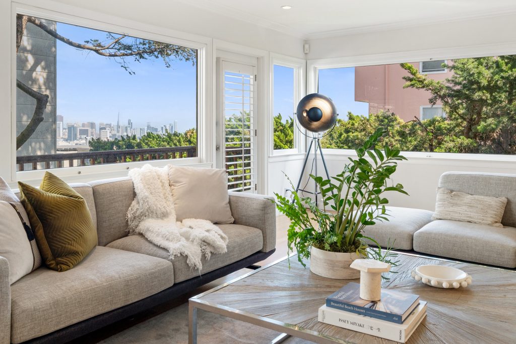 View of the San Francisco skyline as seen from the living room at 25 Grand View Ave