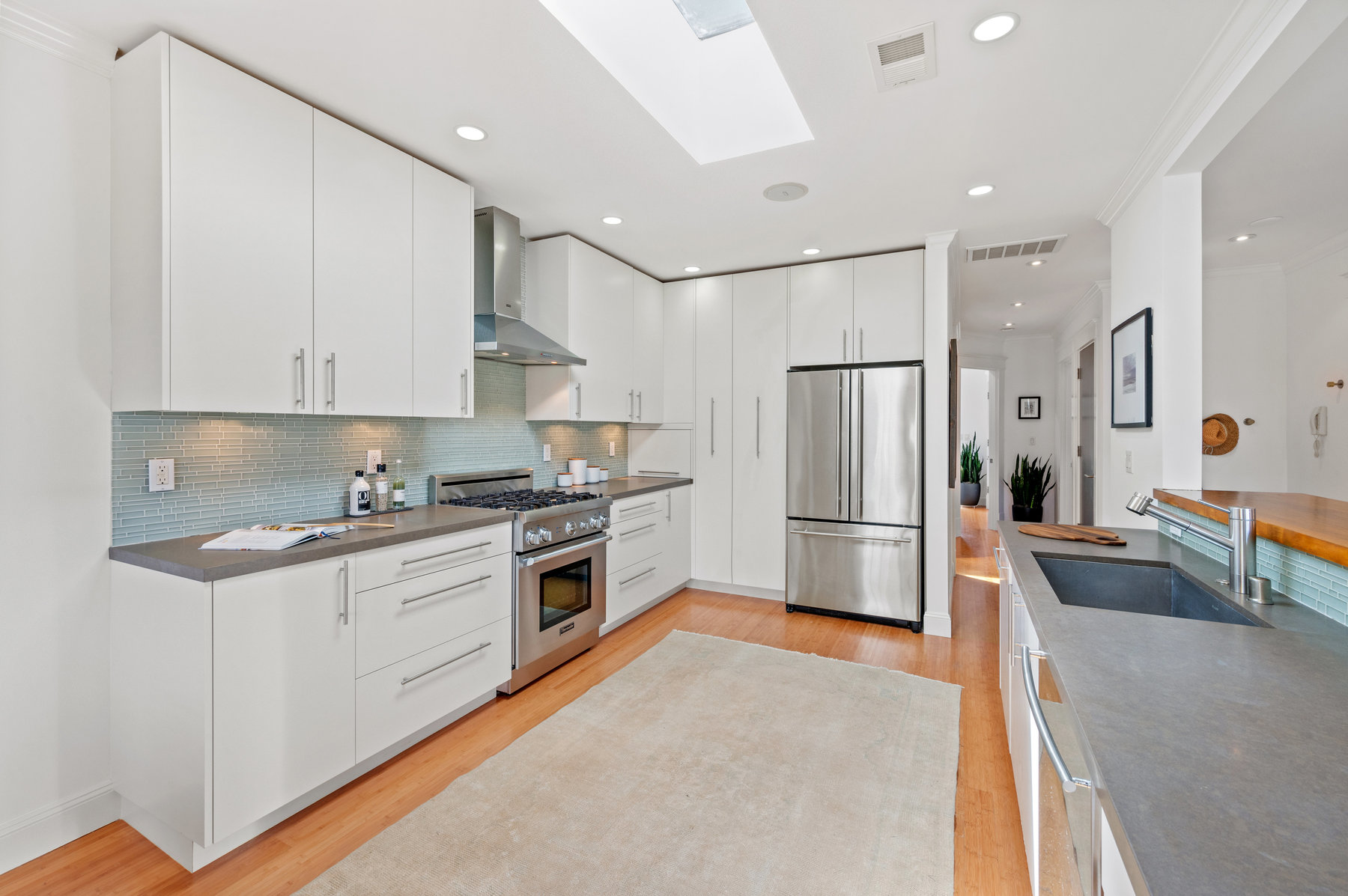 Kitchen has skylight that lets in lots of natural light.