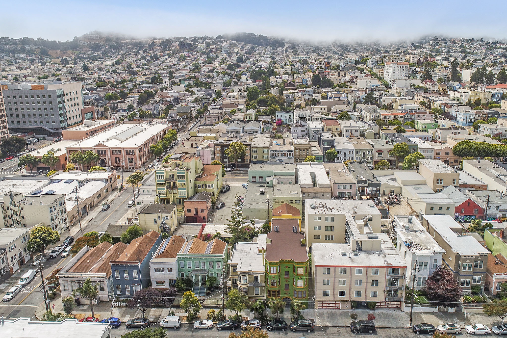 Aerial view of 464-468 Bartlett Street, showing the properties nearby and surrounding neighborhood