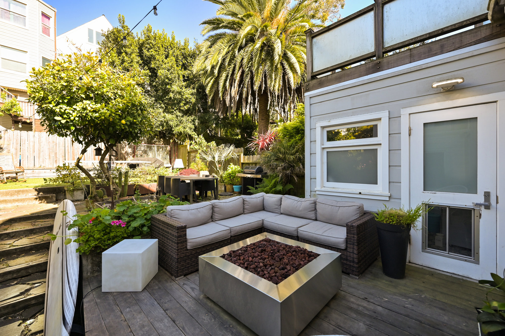 Patio with an outdoor living space and fireplace