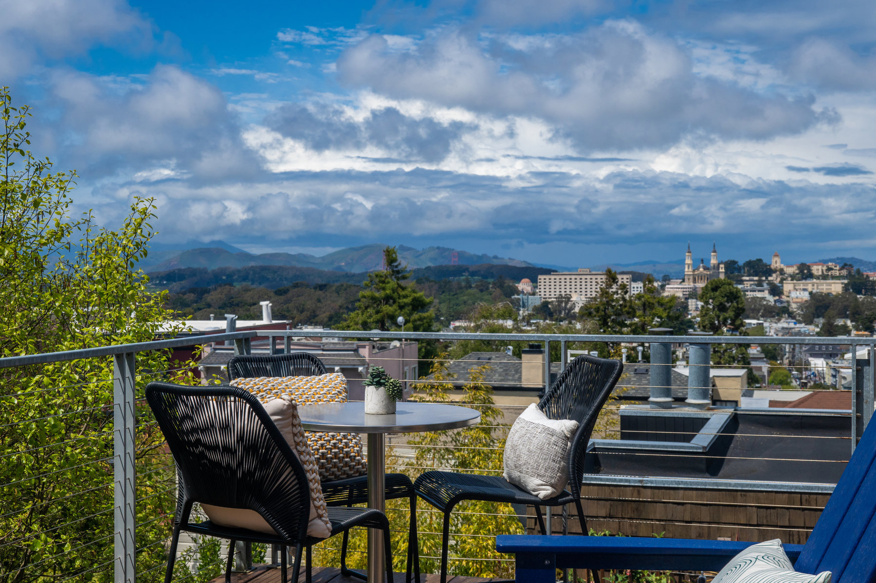 Close up of view off the deck.  You can see the hills of Marin in the distance.