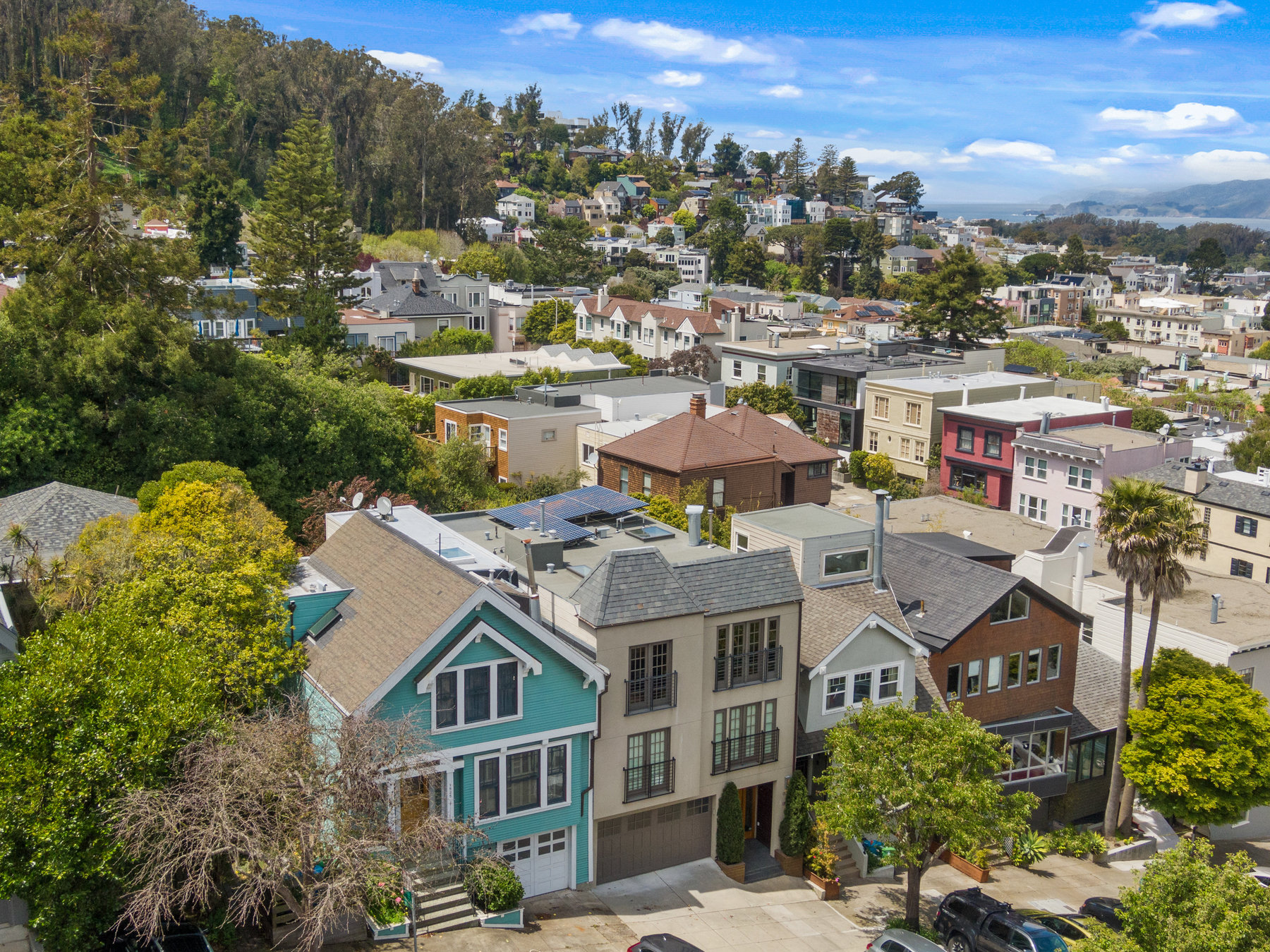 Aerial photo of 1523 Cole Street with Sutro Forest to the left and Cole Valley to the right.