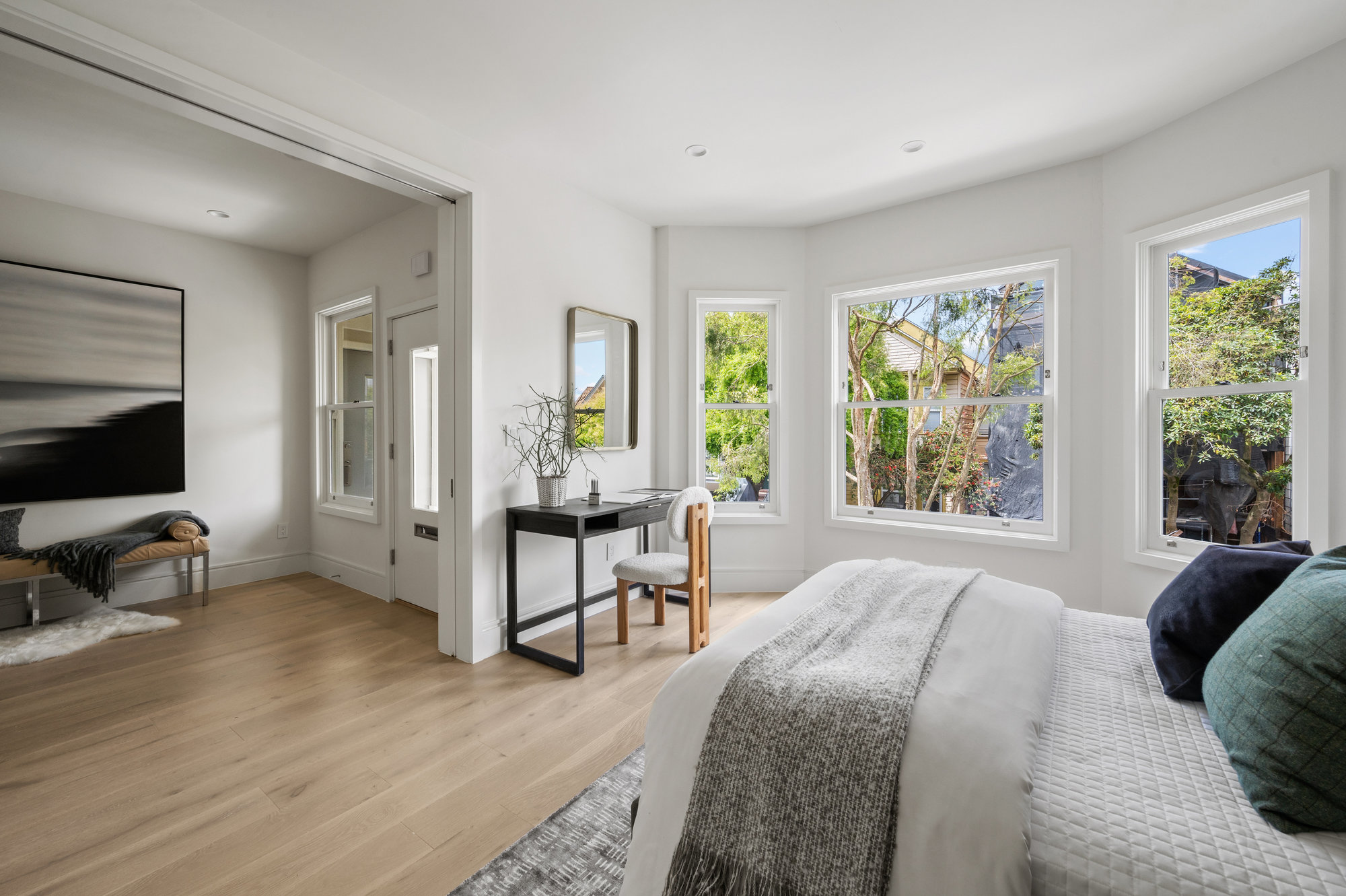 Guest room has large pocket doors.