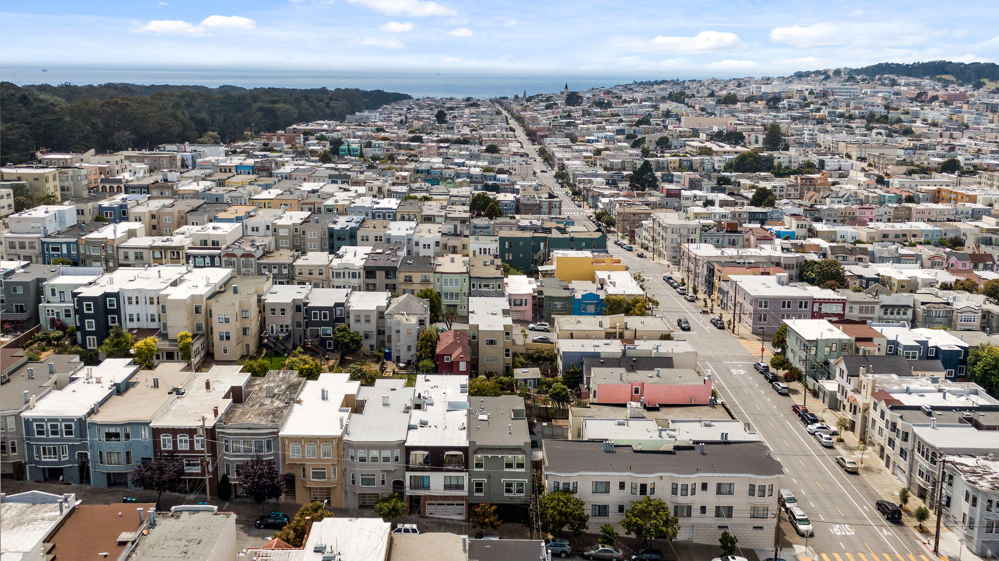 Aerial view of 719 18th Avenue, showing the proximity to Ocean Beach and Golden Gate Park