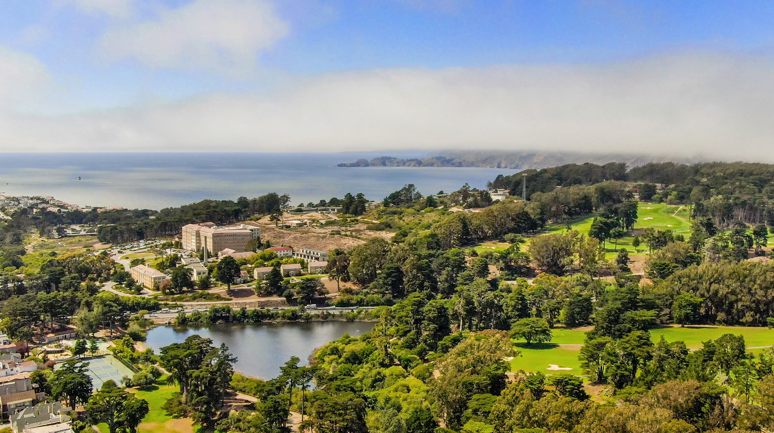 Aerial view of nearby Presidio Greenbelt and the San Francisco Bay