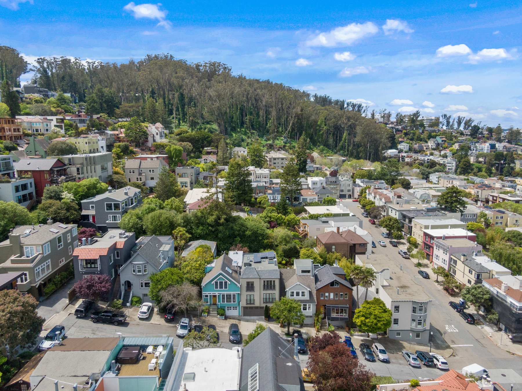 Further away aerial of 1521 Cole. You can see Sutro Forest.