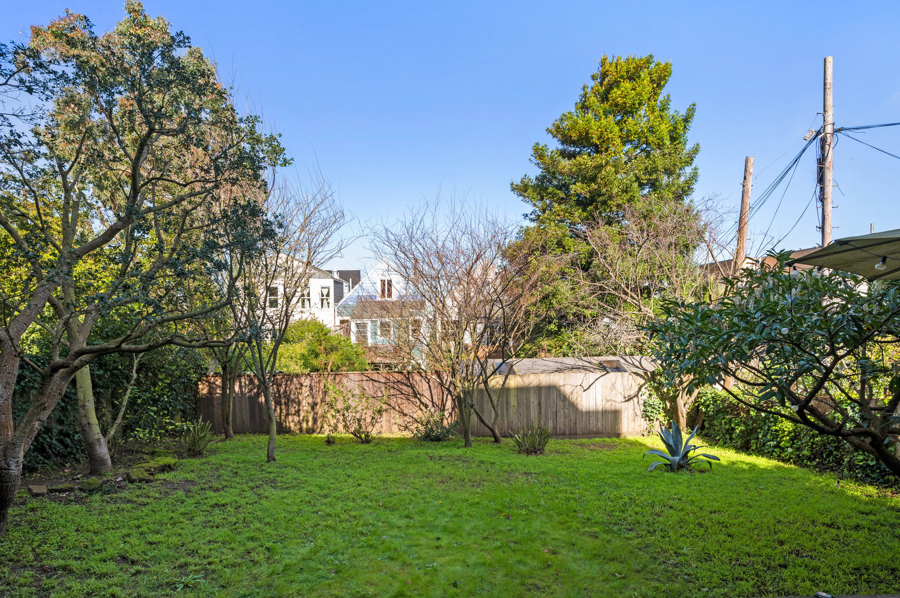 Yard is large with grass with trees around edge and shrubs.