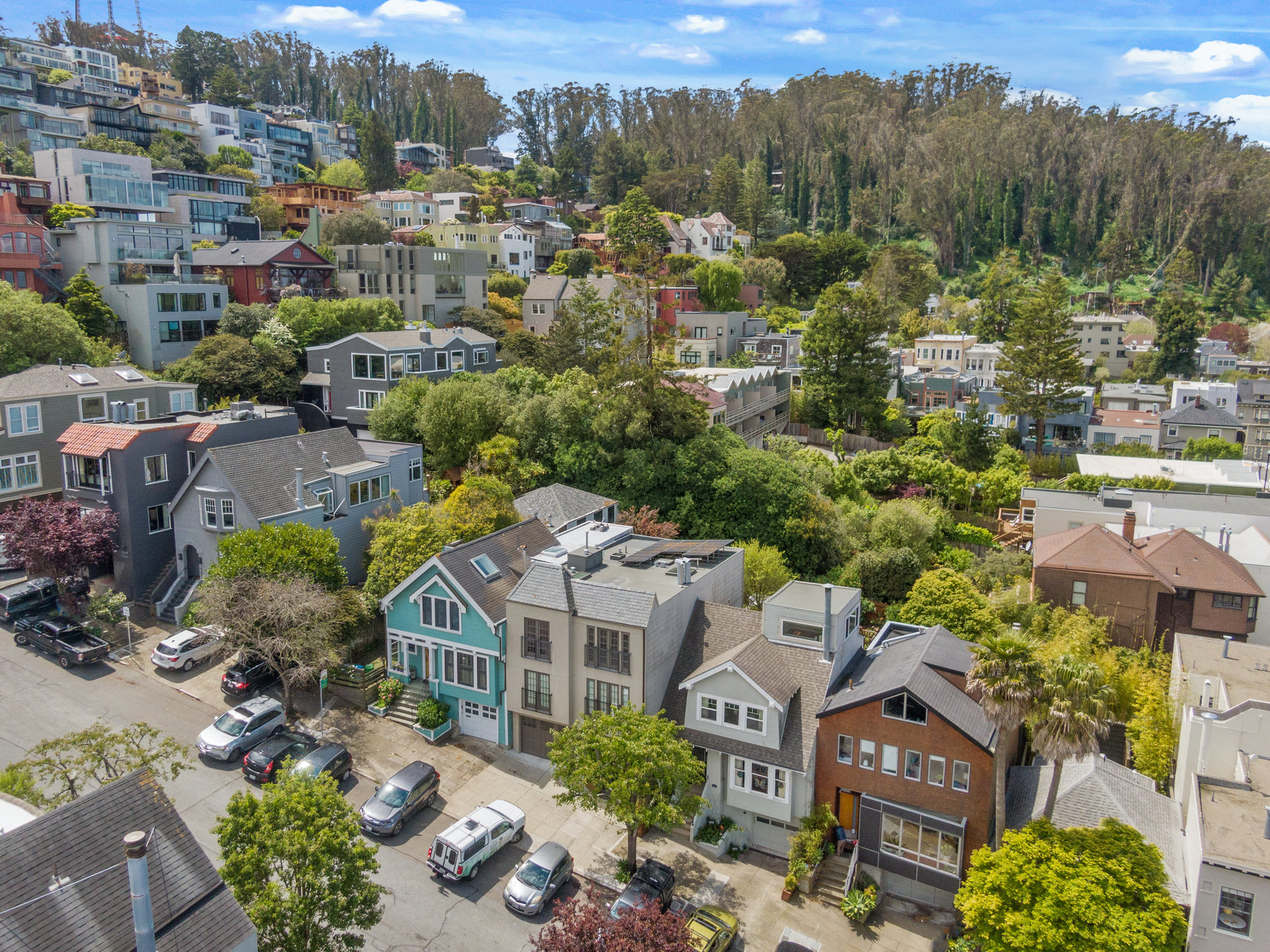 Aerial photo of 1523 Cole Street showing the surrounding homes on the hill.