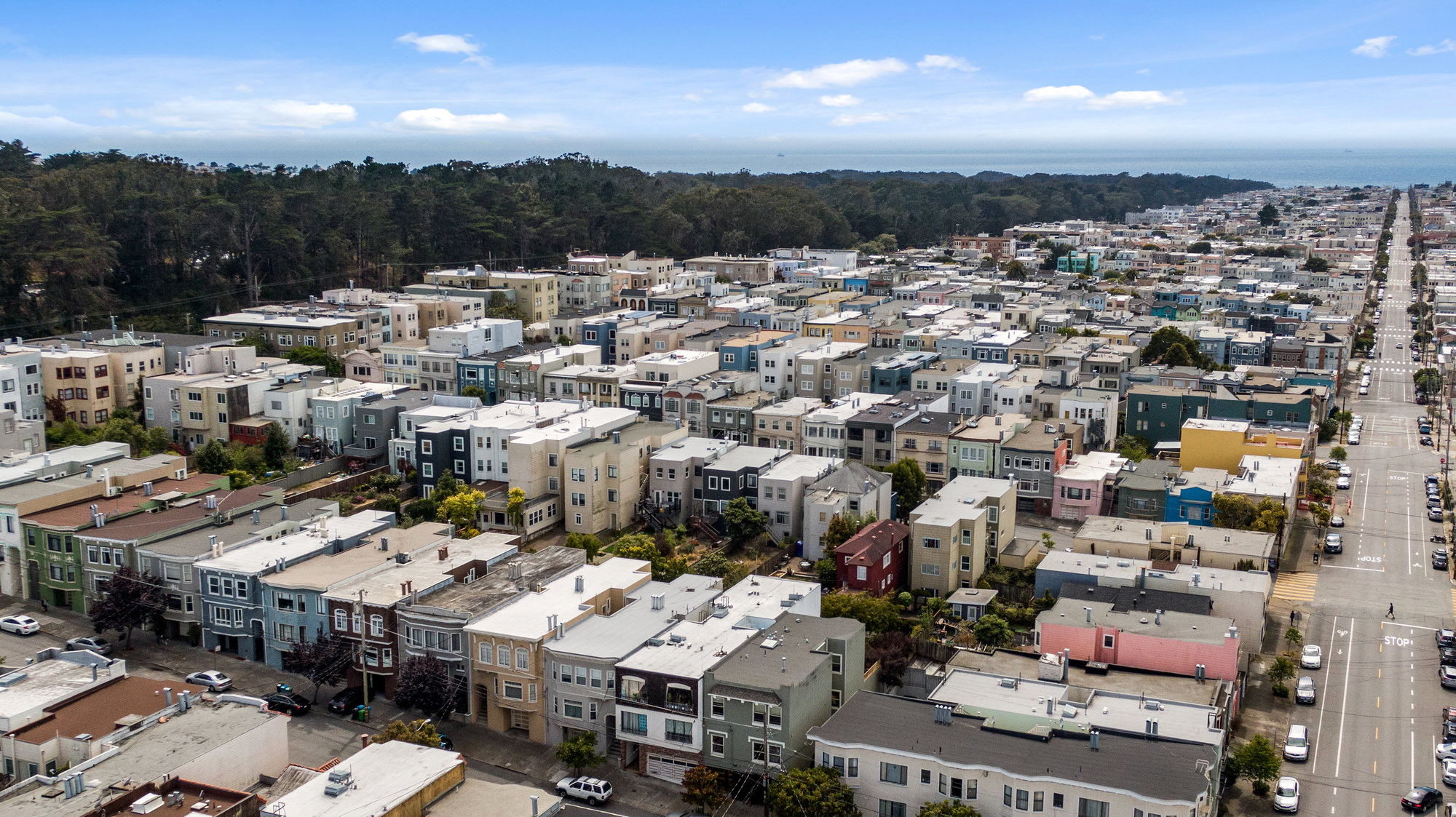 Aerial view of 719 18th Avenue, showing proximity to Ocean Beach and Golden Gate Park