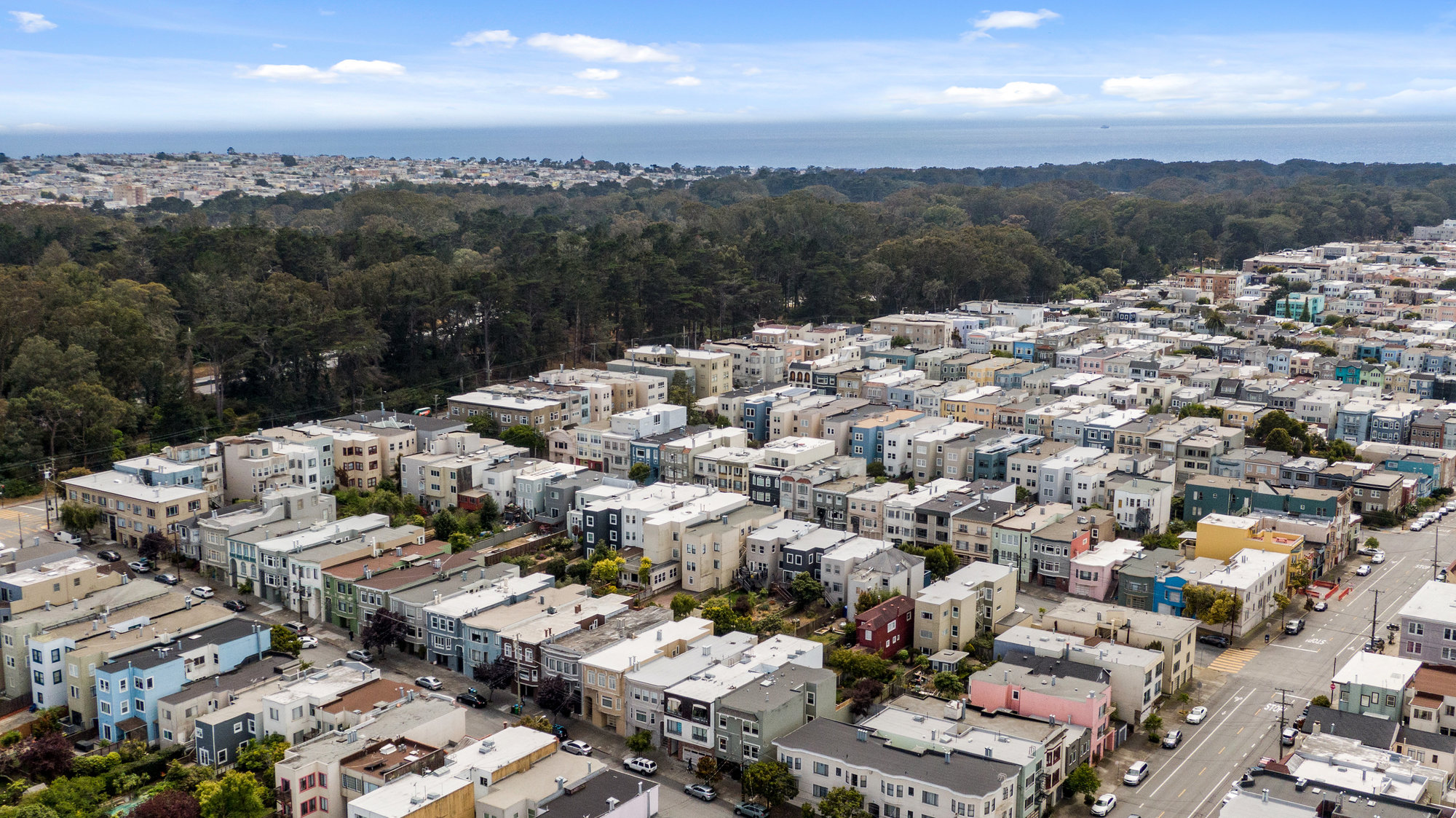 Aerial view of the Richmond District, Golden Gate Park and Ocean Beach as seen from 719 18th Avenue