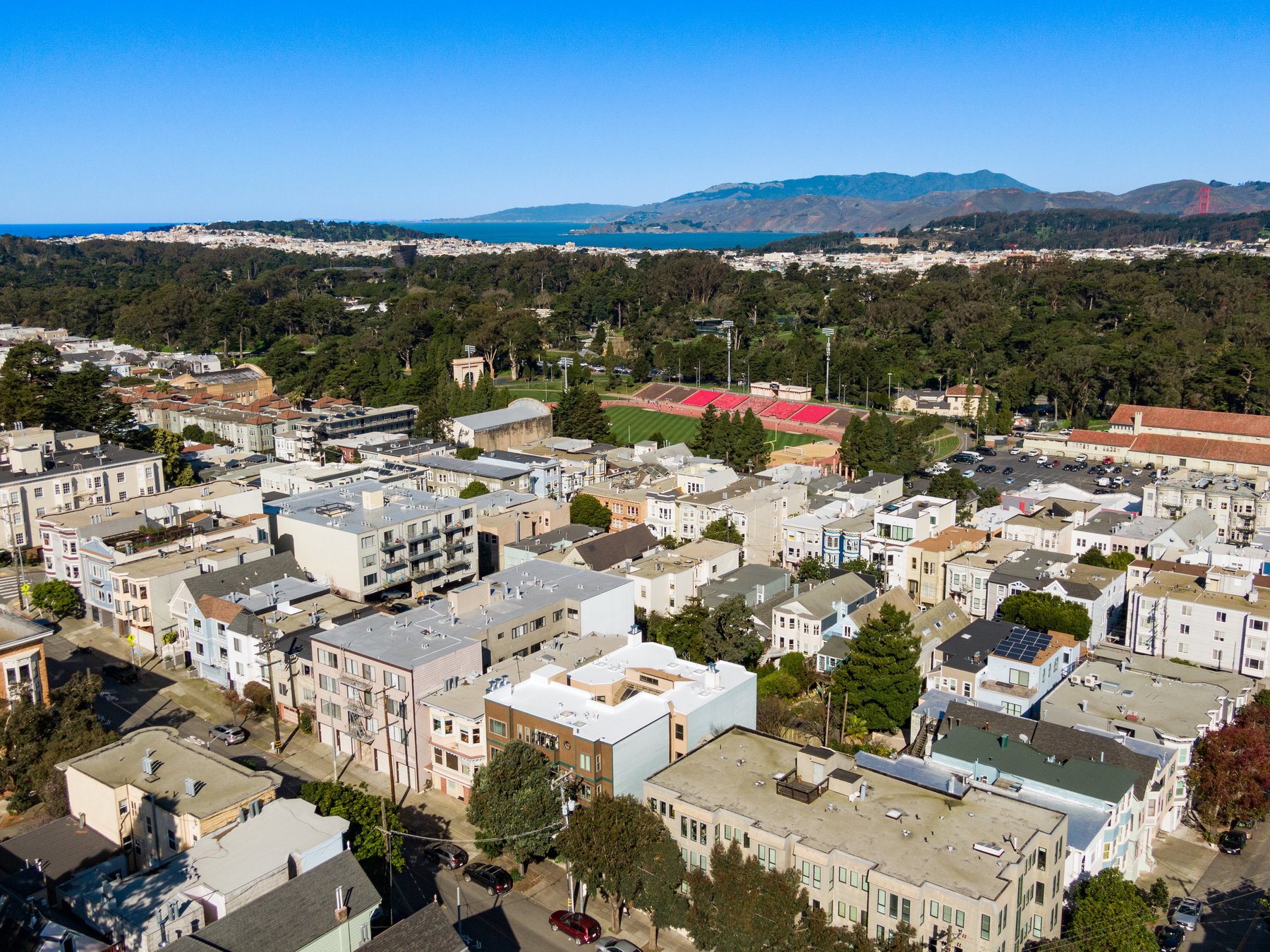 Aerial over Cole Valley looking towards Kezar Stadium.