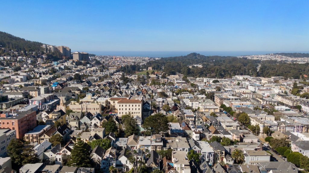 Exterior shot of the view deck and bedroom, featuring a panoramic view of San Francisco