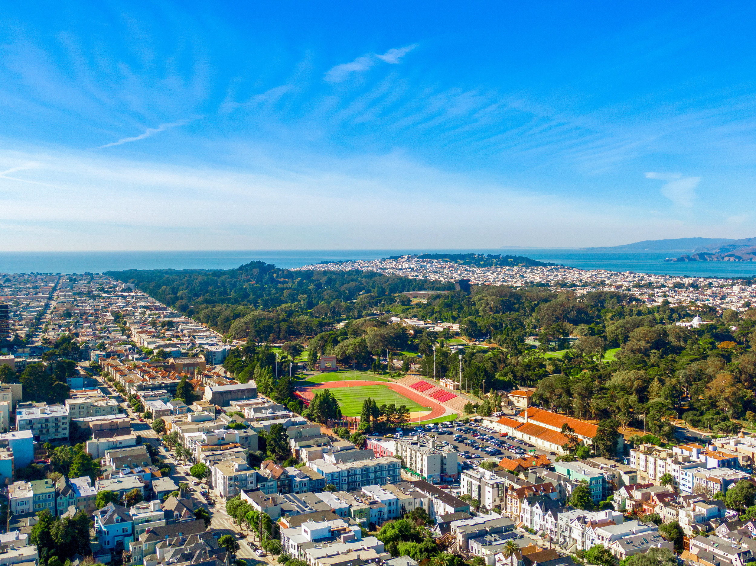 Aerial photo looking towards the ocean.  You see Kezar Stadium and Golden Gate Park.