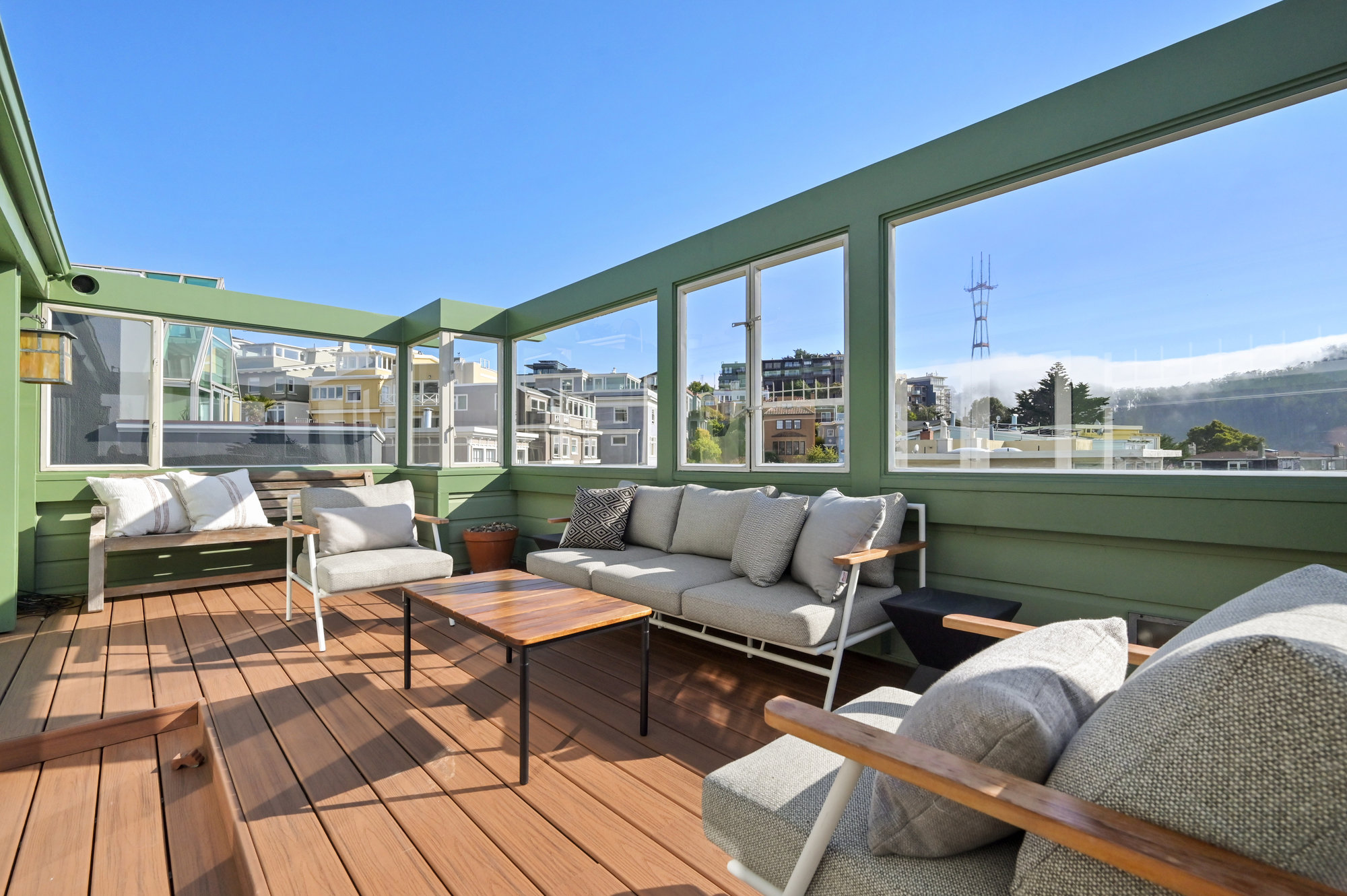 View deck, showing views of Sutro Tower, Ashbury Heights, and Cole Valley
