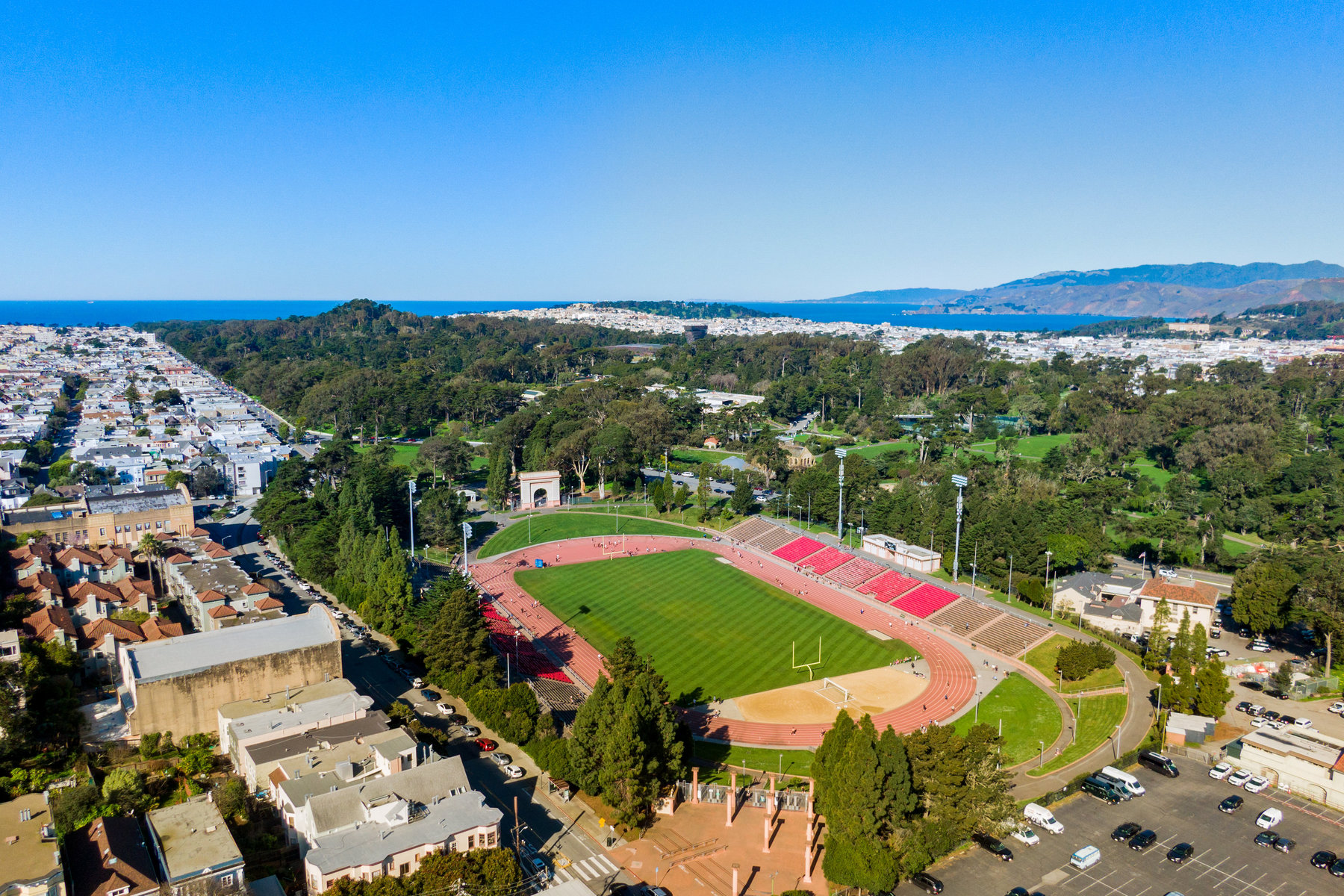 Aerial looking over Kezar Stadium and Golden Gate Park
