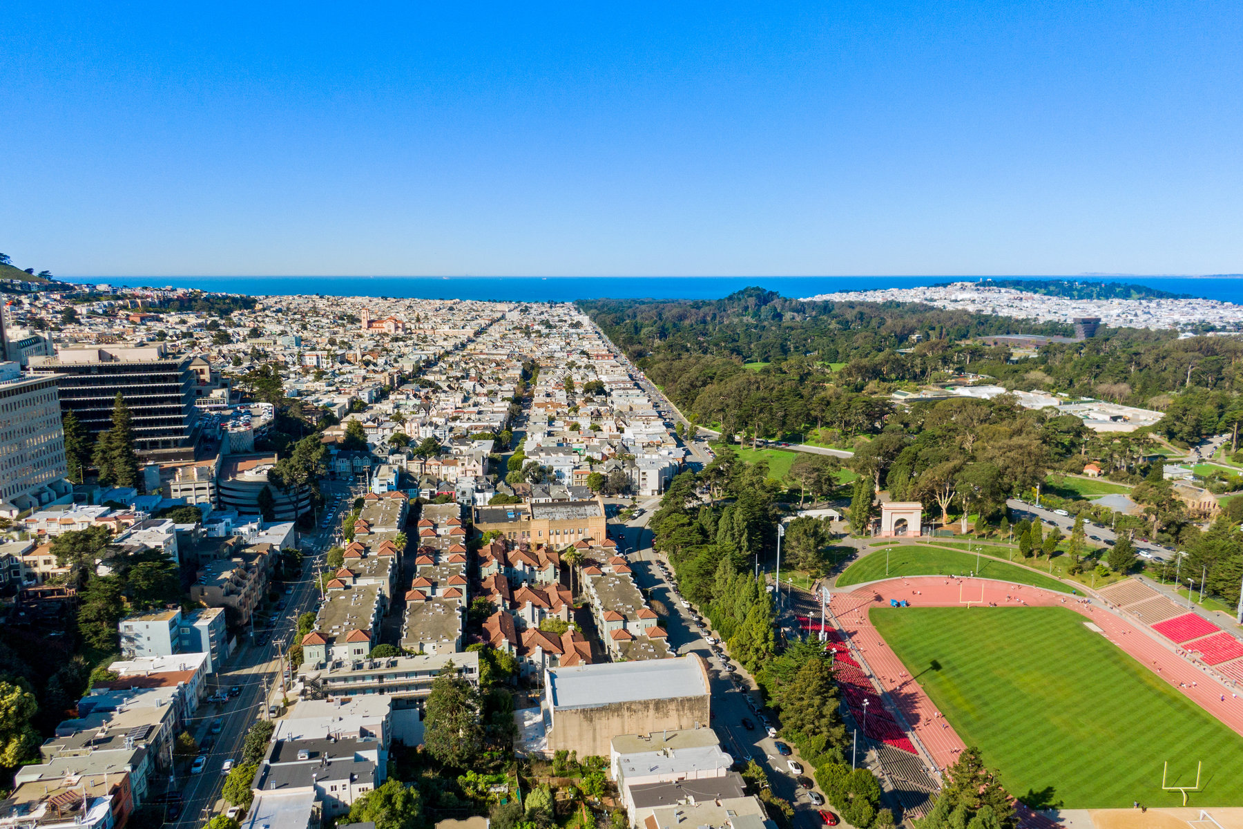 Aerial photo looking over Kezer and down over Sunset.