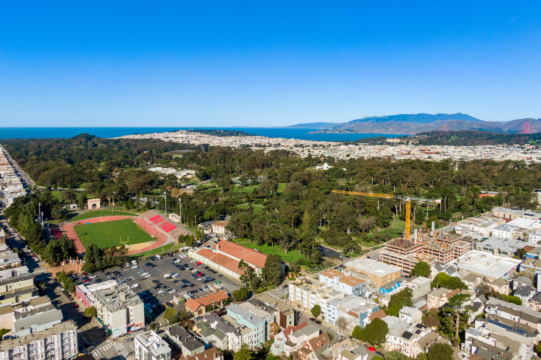 Aerial looking over Kezar Stadium and Golden Gate Park.