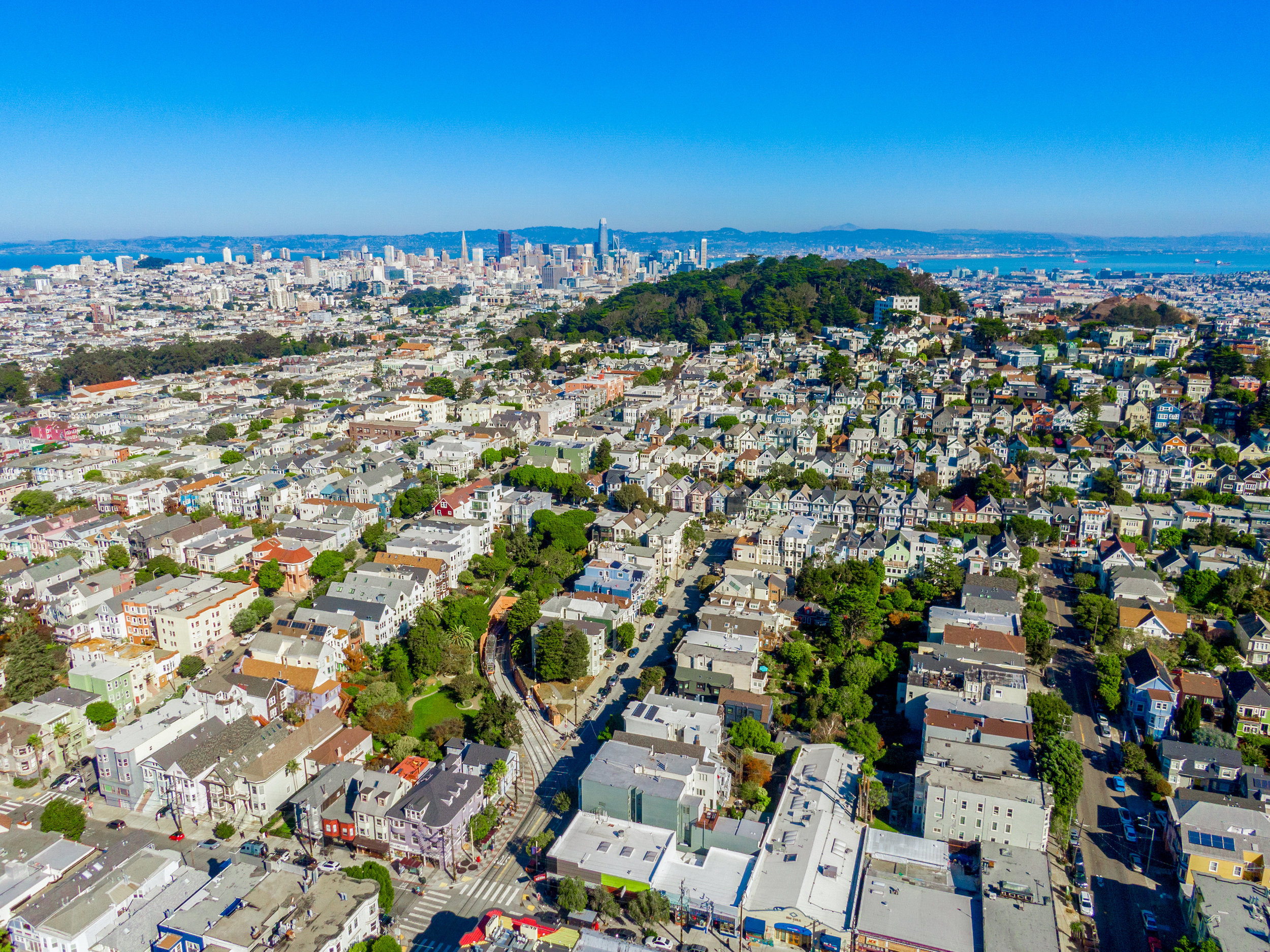 Aerial photo looking from 80 Parnassus towards downtown.