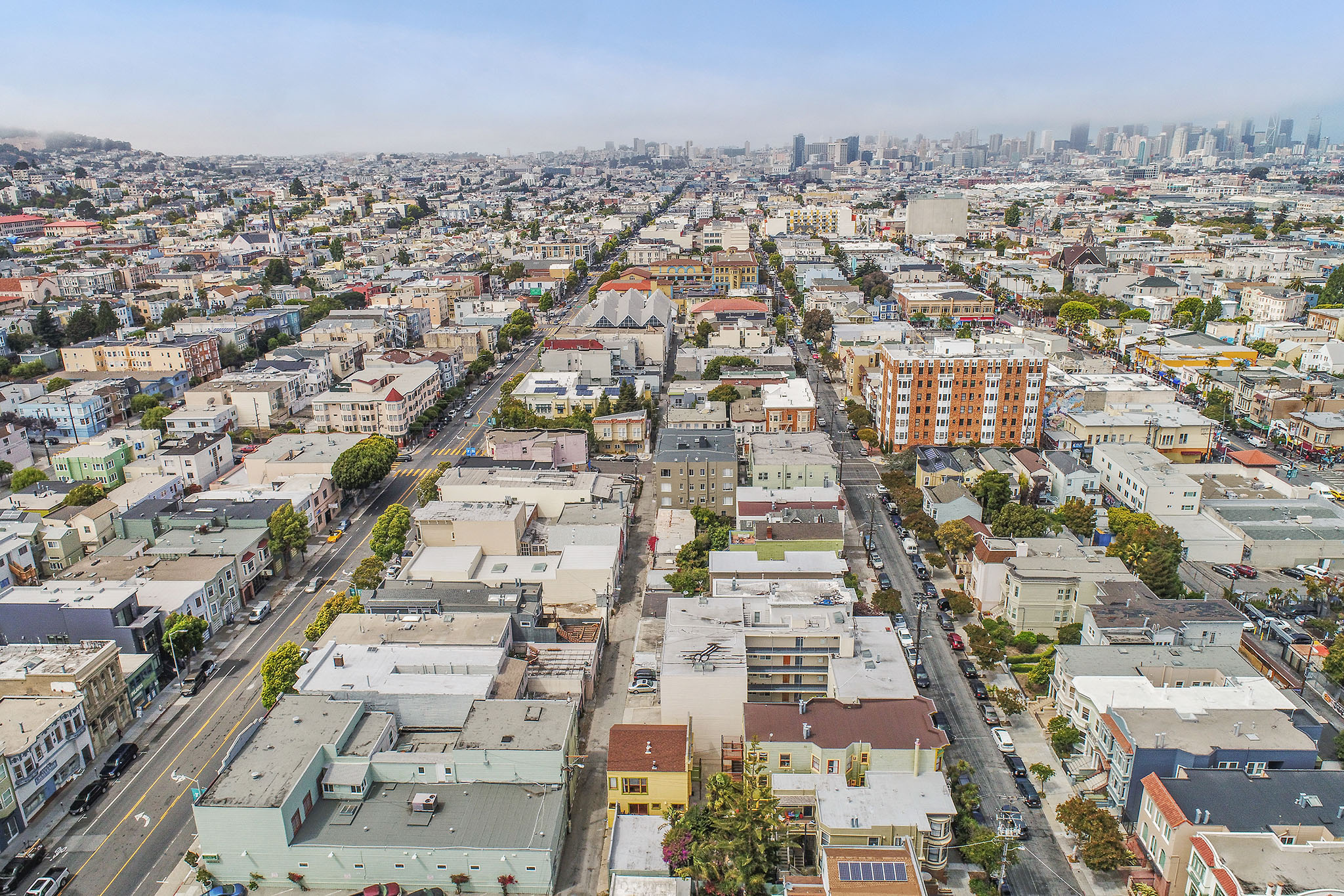 Aerial view as seen from 464-468 Bartlett Street, showing proximity to down town San Francisco