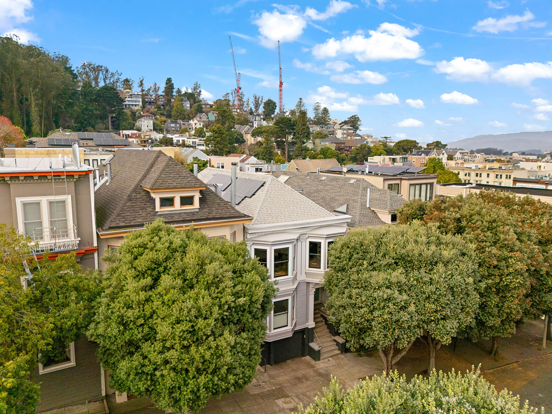 Aerial photo of the front facade of 1443 Shrader. Tree's line the street.