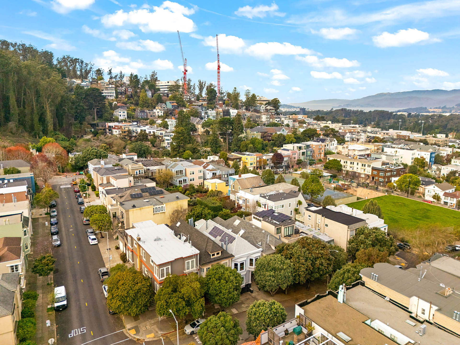 Aerial view over Shrader looking down the hill towards Grattan Park