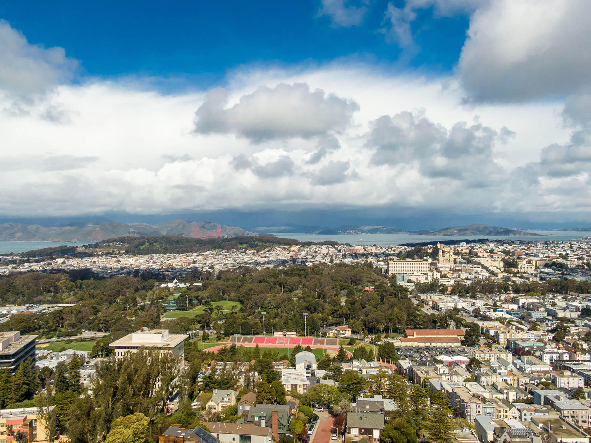drone view of northern san francisco and golden gate bridge